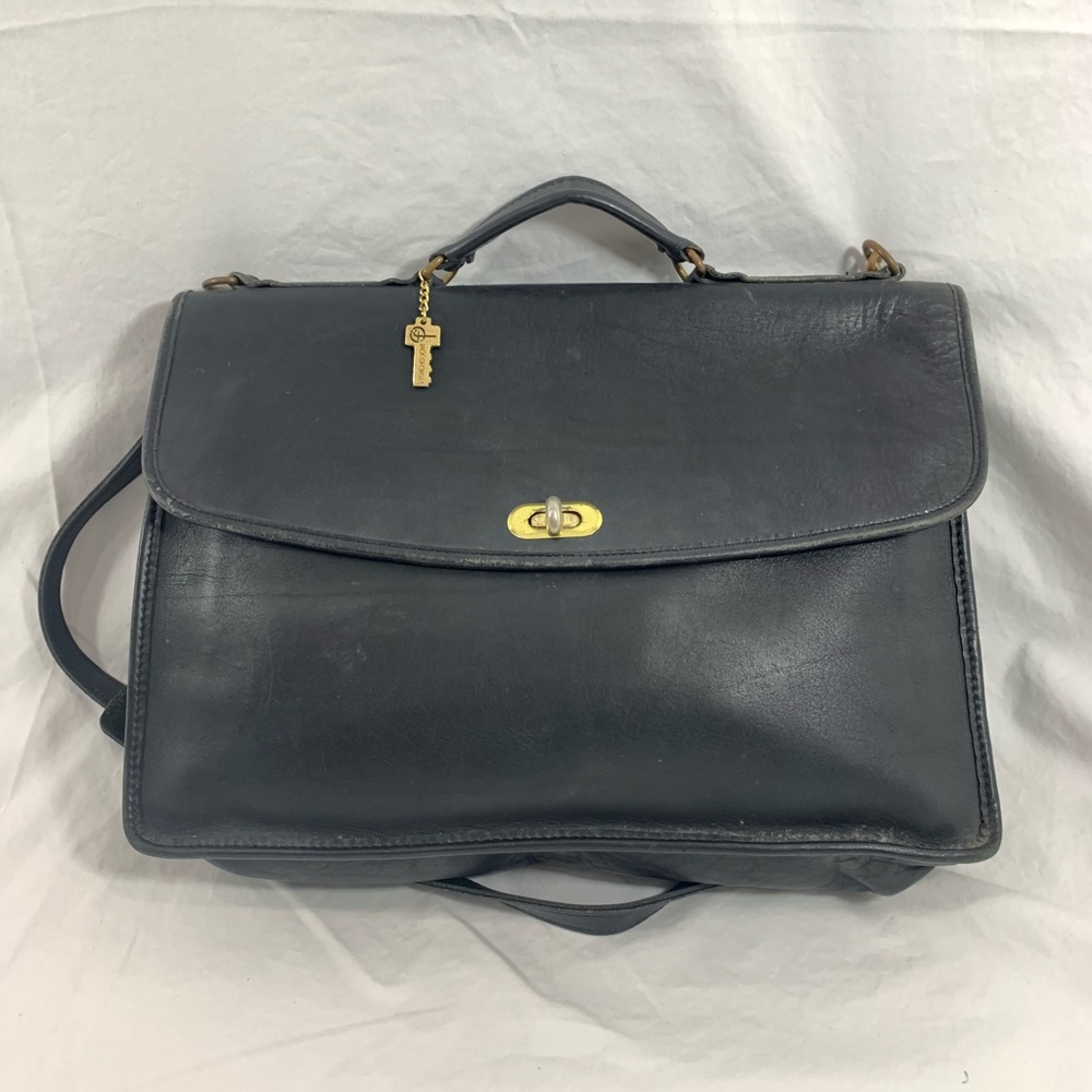 Vintage JACK GEORGES black leather briefcase with shoulder strap crossbody